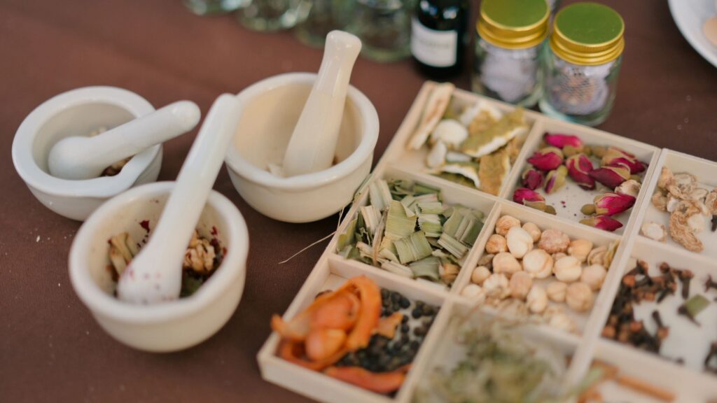 traditional herbal medicine ingredients natural herbal remedy setup with dried herbs and spices for alternative medicine